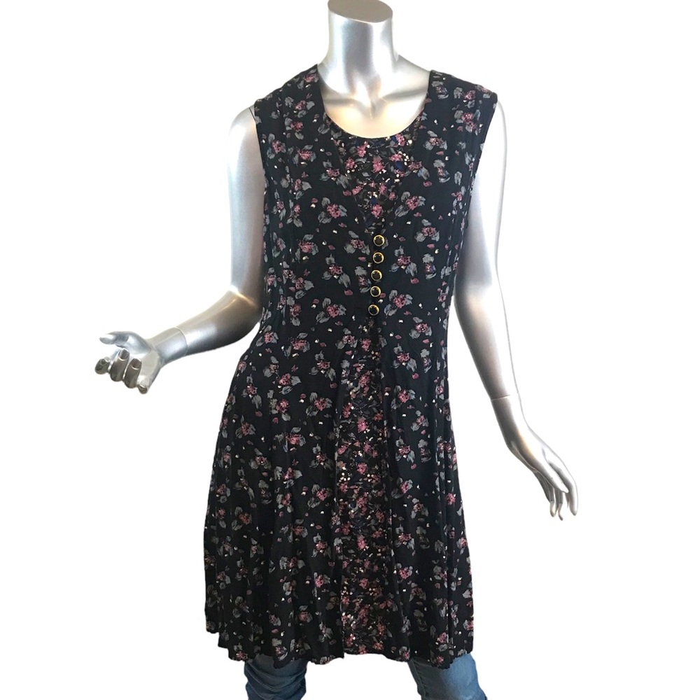 Vintage TR Bentley Women's Black Floral 90's Style Midi Dress Buttons Adjustable